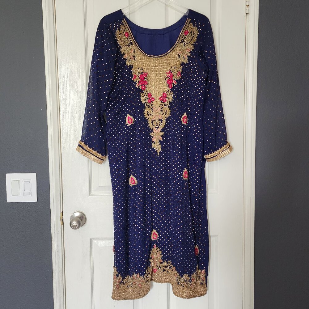 Navy Blue Heavy Embroidered Kurta Set with Sharara Pants & Dupatta